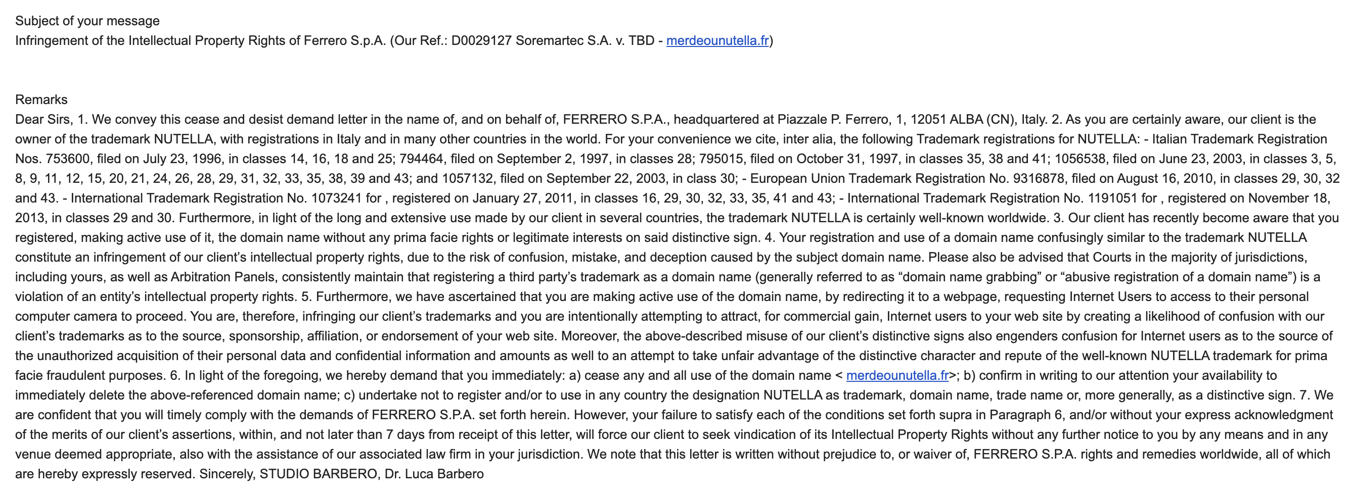 Mise en demeure de la part de Ferrer* (nom censuré)